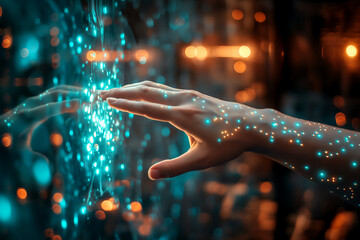 AI concept. Future technology. Hand touching a screen with a 3d net map. 