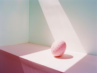 Minimalist Easter egg on a clean white tablecloth, bathed in soft shadows and light, embodying simplicity and renewal