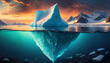 iceberg protrudes above, hinting at danger while concealing its vast, submerged mass, a metaphor for hidden peril and climate change