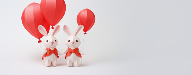 Wall Mural - couple of rabbit with balloons, panoramic layout. Generative Ai