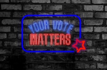 Sticker - Glowing neon vote sign with a red star on dark gray brick wall background