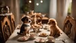 A humorous ensemble of a puppy and kitten, sitting at a miniature dining table set for a tea party,   