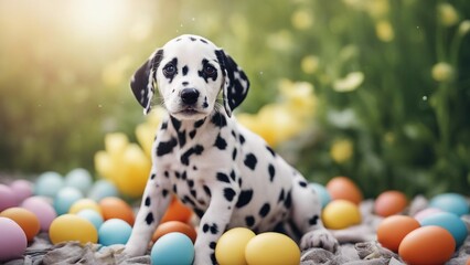 puppy in the grass A funny little Dalmatian puppy that looks like he just painted some Easter eggs. 