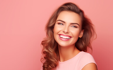 Wall Mural - Beautiful smiling girl with white smile on pink background with space for your text model appearance