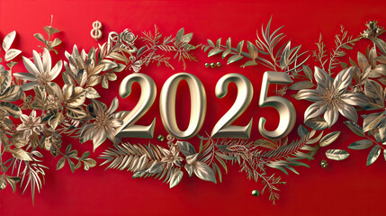 Wall Mural - Golden numbers 2025 on a red background
