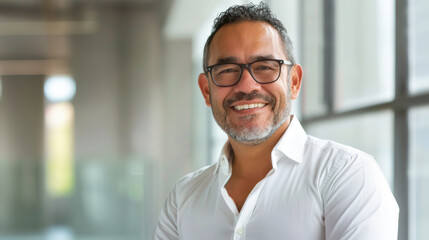 Wall Mural - A joyful man in a white shirt and glasses is smiling warmly in an indoor setting with a blurred background.