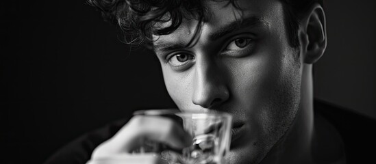 A young Caucasian man with curly hair, dressed in a 1960s style outfit, is depicted in a black and white portrait. He is seen drinking from a glass.