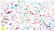 Doodles on the theme of love, and happiness. A set of various handwritten doodles in the form of underscores, arrows, brackets, symbols, and signs, on a white background