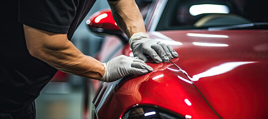 Close up of a auto body mechanic buffing a scratch on sports car