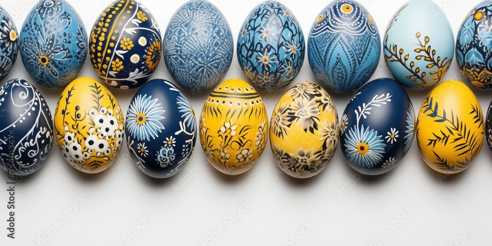 Easter eggs ukrainian pysanka. Hand painted eggs in blue and yellow ...