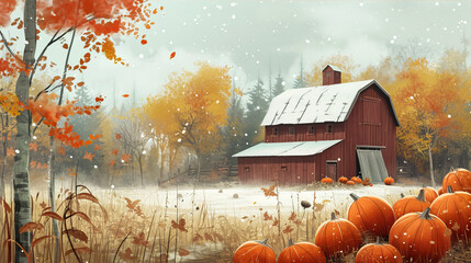 Canvas Print - House in the forest with pumpkins around
