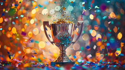 Wall Mural - A gleaming gold winners trophy cup takes center stage, surrounded by a festive explosion of colorful celebration confetti and sparkling glitter, symbolizing victory and success in a competition.