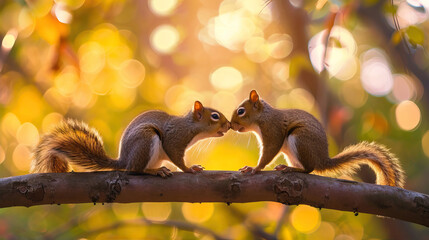 Wall Mural - Two squirrels sitting next to each other on a branch
