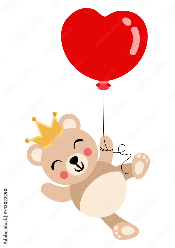 Cute king teddy bear flying with a heart shaped balloon Stock Vector ...