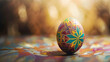 A close-up shot of a single, colorful Easter egg boasting intricate geometric designs, with space for text placement
