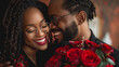 Smiling black couple with roses, they are wearing sunglasses, they are in love with each other, happy moment