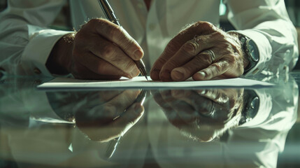 Wall Mural - A person is signing a document on a glass table, a close-up shot emphasizing the action of commitment or agreement in a business context.