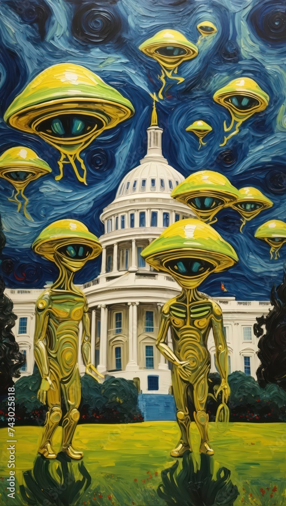 Surreal painting of green and yellow aliens with domed heads standing ...