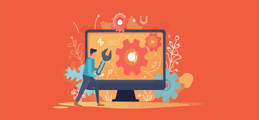 Computer technician repairing computer screen with gear and wrench concept flat illustration
