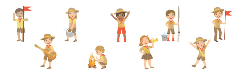 Canvas Print - Happy Kid Scout Character in Khaki Uniform Vector Set