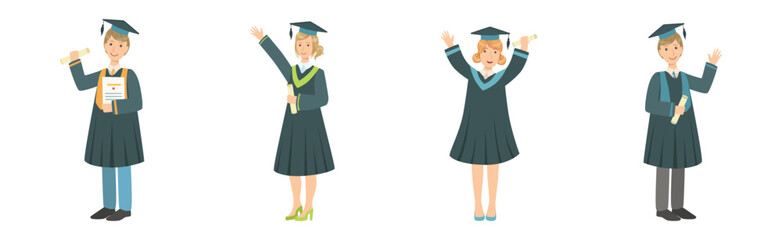 Sticker - Graduated Man and Woman Students in Gown and Hat with Diploma Vector Set