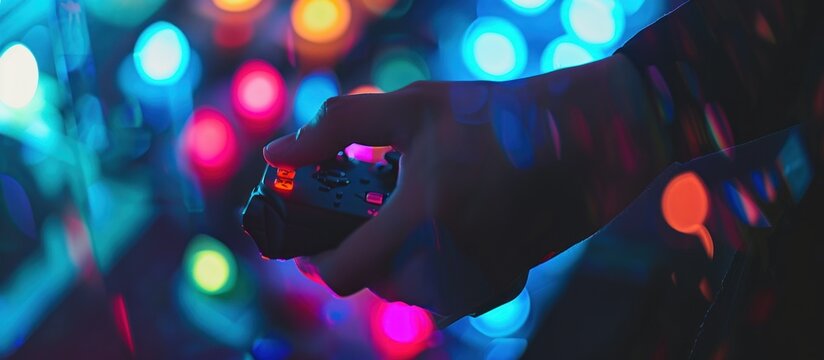 hand hold console game in neon light background