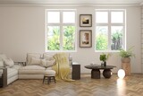 Fototapeta Panele - Contemporary classic white interior with furniture and decor and summer landscape in window. Scandinavian interior design. 3D illustration