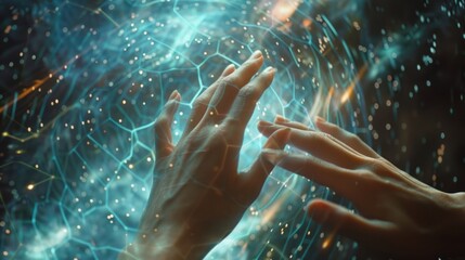 Wall Mural - Female hands touching the metaverse universe, digital transformation concept for the technological age.