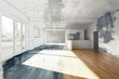 © RetoricMedia - Contemporary home interior transitioning from blueprint to finished design with sunlight