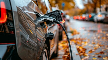 Close up ev charger plug connecting to electric vehicle port for battery recharge at station