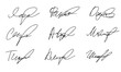 Set of autograph fictitious, handwritten fake signature. Isolated doodle on white background, vector illustration