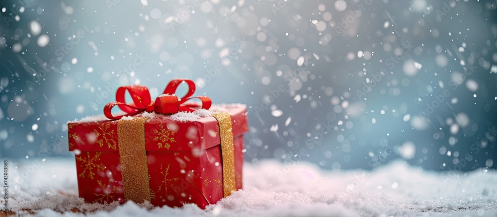 Photo Stock A red gift box with a matching bow is placed in the snow ...