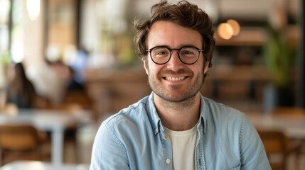 Sticker - A cheerful man wearing glasses and a casual denim shirt, smiling warmly in a cozy indoor setting with natural light enhancing the ambiance.