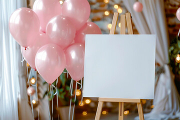 Welcome sign mockup on wooden easel with ballons