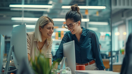 Poster - two smiling women in an office environment, looking at each other while standing by a computer desk, suggesting a collaborative work discussion.