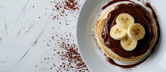 Poster - Crepes stuffed with chocolate spread and banana Thin pancakes Sweet dessert French cuisine top view. with copy space image. Place for adding text or design