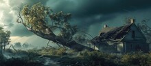 An uprooted tree fallen on a house in the aftermath of a thunderstorm with strong winds. with copy space image. Place for adding text or design