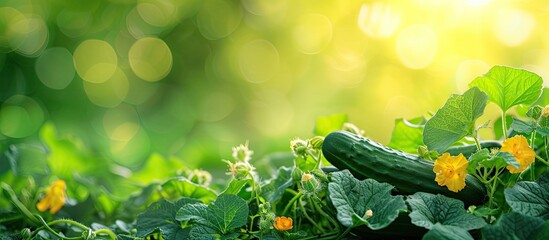 Aufkleber - Picking cucumbers in the vegetable garden Fresh green cucumbers and yellow flowers. with copy space image. Place for adding text or design