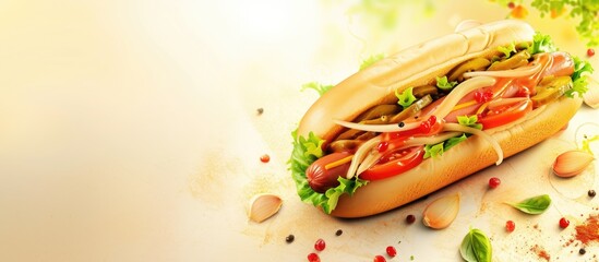 Poster - French Hot dogs with ketchup and mustard delicious street food. with copy space image. Place for adding text or design