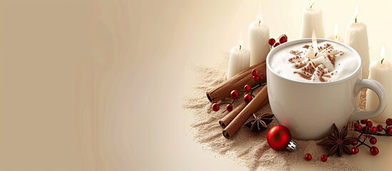 Poster - Hot cappuccino coffee mug on a table decorated with milk foam candles Holiday Merry Christmas mood food photo Cinnamon sticks spices. with copy space image. Place for adding text or design