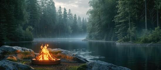 Aufkleber - Isolated campfire in nature campfire in nature with river and forest view campfire with fire blazing for wallpaper background. with copy space image. Place for adding text or design