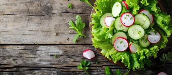 Aufkleber - Falafel burger with addition of fresh cucumber radish and Iceberg lettuce on a wooden rustic table Healthy and delicious vegetarian dish. with copy space image. Place for adding text or design