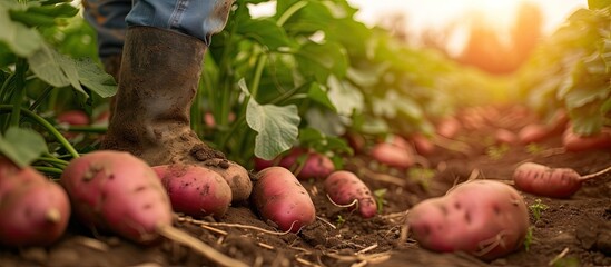 Aufkleber - Farmer harvesting fresh organic sweet potatoes from soil. with copy space image. Place for adding text or design