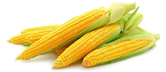 Fototapete - Ripe corn cob with dry husk leaves and kernels pile isolated on white background. with copy space image. Place for adding text or design