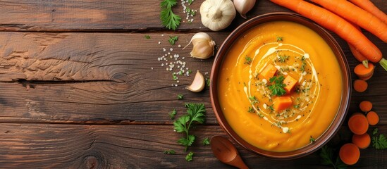 Aufkleber - Soup with sweet potatoes carrots pumpkin Flat lay top view. with copy space image. Place for adding text or design