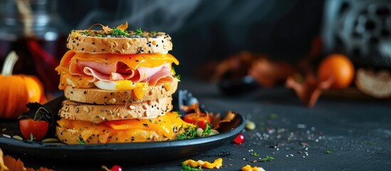 Fun Halloween monster sandwich with slice ham eggs and cheese on plate. with copy space image. Place for adding text or design