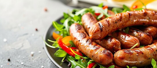 Poster - Sausages frankfurter and salad on plate closeup. with copy space image. Place for adding text or design