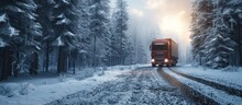 Truck loads timber on a snowy dirt road in a wintry forest. with copy space image. Place for adding text or design