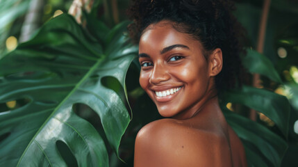 Wall Mural - young woman with a glowing smile, standing amidst lush green foliage, giving off a natural and vibrant energy.