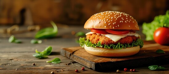 Poster - crispy breaded chicken burger with mozzarella cheese standing on wooden cutting board. with copy space image. Place for adding text or design